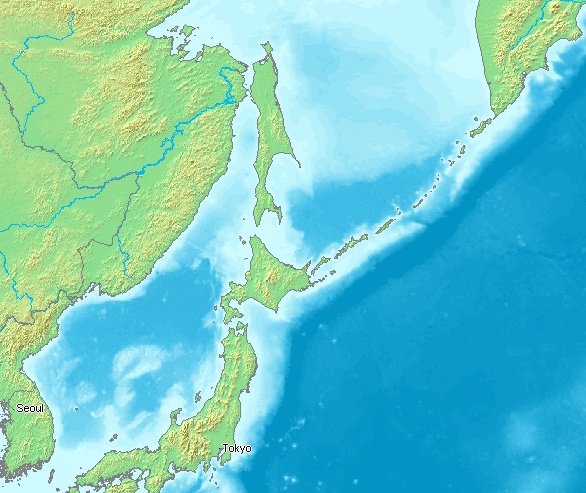 Map showing Kuril Island chain between Hokkaido in Japan and Kamchatka in Russia. The sea of Okhotsk and the island of Sakhalin to the west and the Pacific Ocean to the east