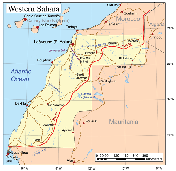 Map of Western Sahara's position on the west coast of Africa, between Morocco and Mauritania